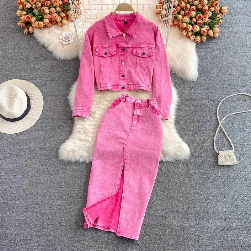 Simple Design Pink denim jacket short women's jacket top two-piece suit mid-length skirt S4220 Simple Design Pink denim jacket short women's jacket top two-piece suit mid-length skirt S4220