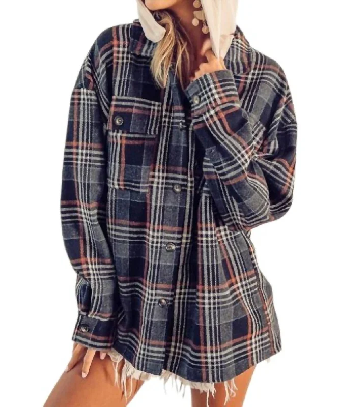 Printed Patterns Hooded Flannel Jacket In Black Multi