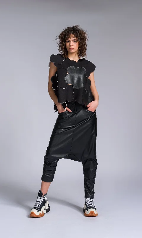 Floral Prints Vegan Leather Pants with Deep Drop Crotch