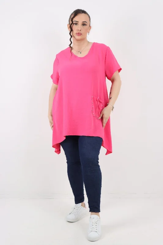Summer Selection Stud Pocket Tie Detail Hanky Hem Tunic Top