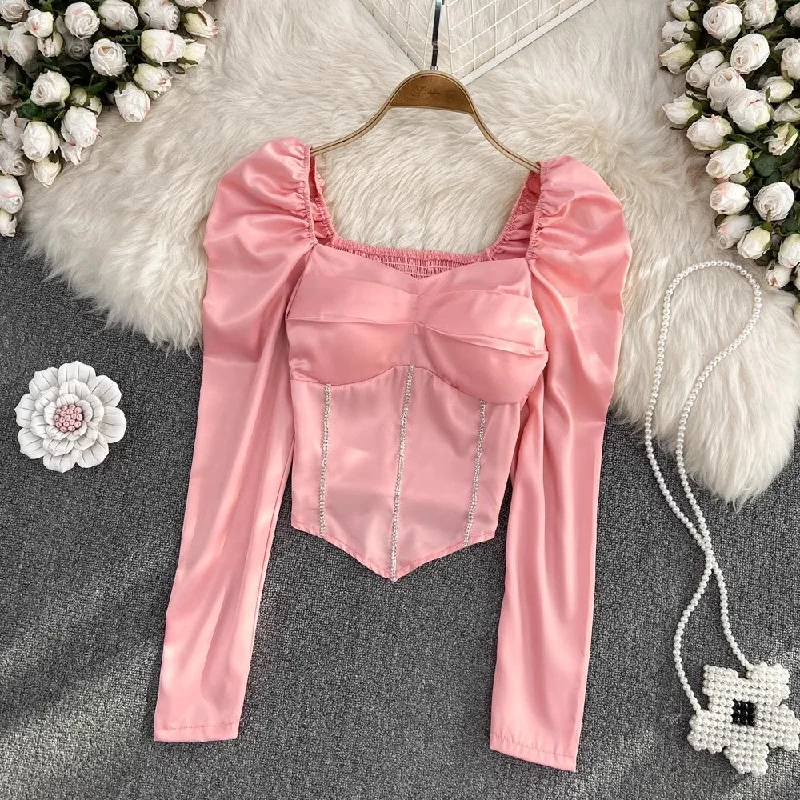Editorial Design Square Neck Long Sleeve Diamond Waist Women’s Fashionable Short Top S4242 Editorial Design Square Neck Long Sleeve Diamond Waist Women’s Fashionable Short Top S4242