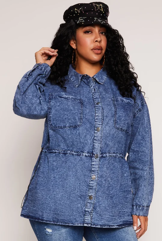 Sports Style Plus Size Toggle Drawstring Waist Acid Wash Shirt