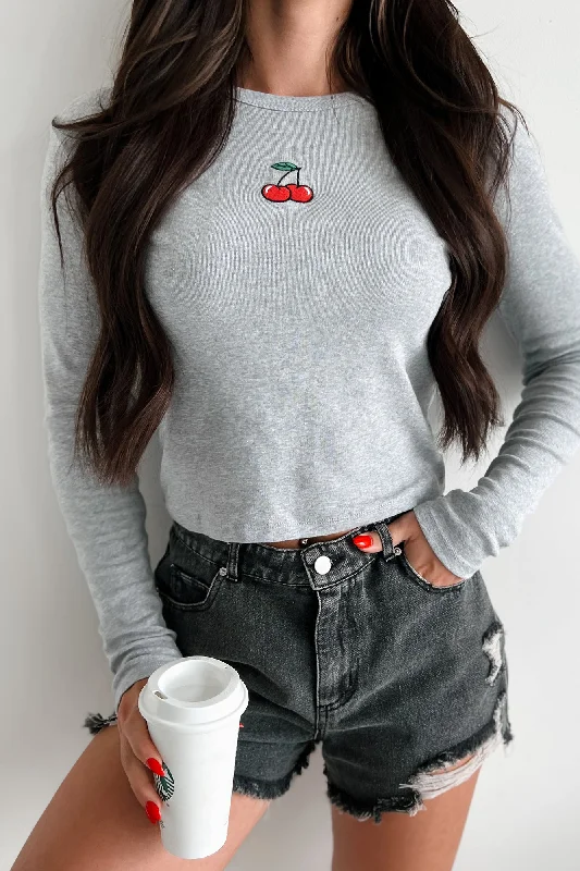 High-quality Design Cherry Picked Embroidered Long Sleeve Top (Heather Grey)