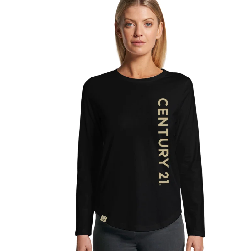 Editorial Design Wordmark Black Curved LS Tee - Ladies