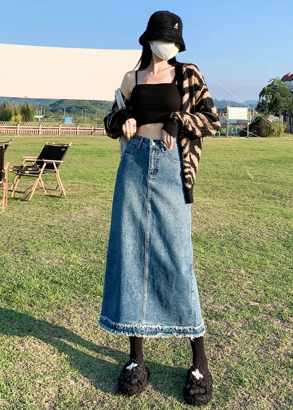 Luxury Customization Italian Blue Pockets Tasseled High Waist Denim Skirts Summer