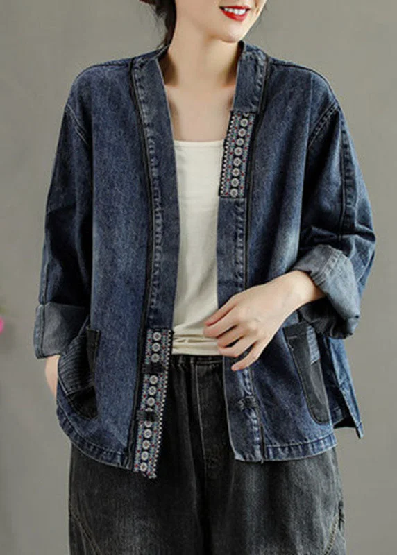 Classic Series Luxury Black Embroideried Pockets Button Patchwork Fall Denim Coat