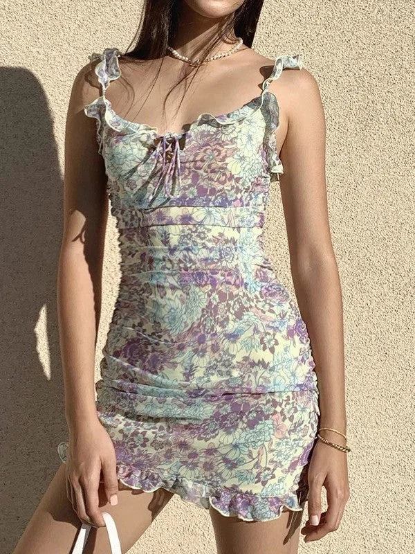 Classic Style Ruffle Trim Floral Mini Dress