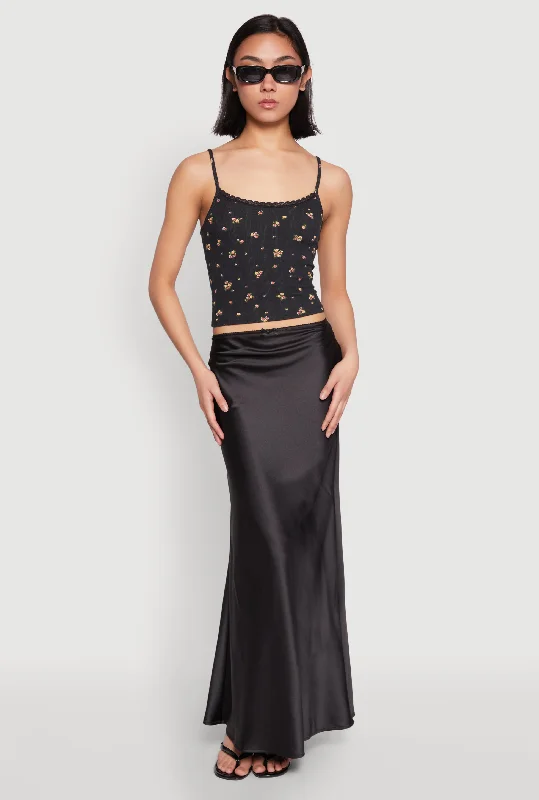 New Design Ribbed Knit Lace Trim Ditsy Print Cami