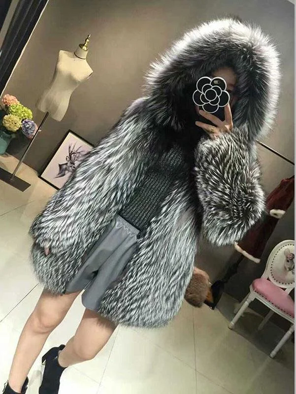 Classic Color Real Silver Fox Fur Hooded Coat