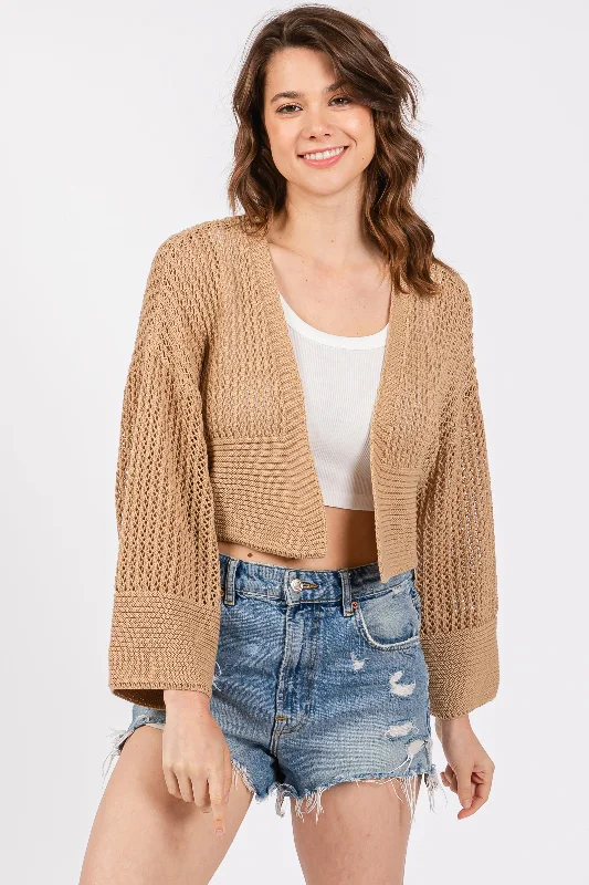 High Street Fashion Taupe Open Knit Cropped Cardigan
