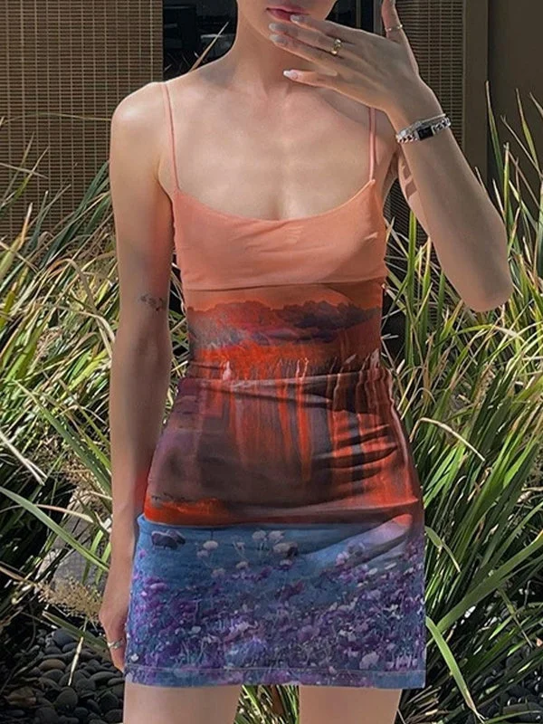 Integrated Design Scene Printed Split Bodycon Mini Dress