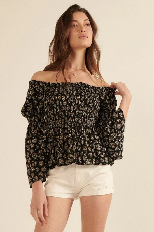 Personal Design Black Floral Print Off-Shoulder Peasant Top