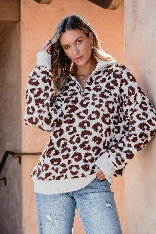Luxury Customization Fuzzy Tan Leopard Print Zip Up Sweater - FINAL SALE