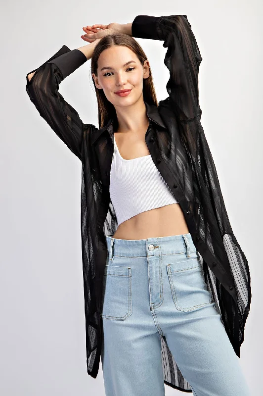 Exquisite Design Black Sheer Stripe Button Down Blouse