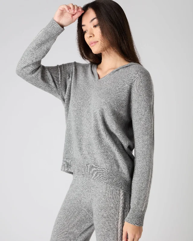 Elegant Outline Women's Lurex Detail Cashmere Hoodie Flannel Grey