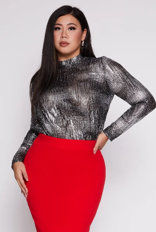 Personalized Wear Plus Size Foil Screen Mock Neck Long Sleeve Top