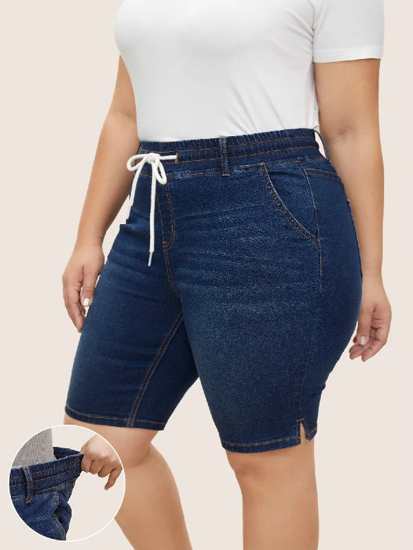 Design Trend Dark Wash Drawstring Slit Hem Denim Shorts