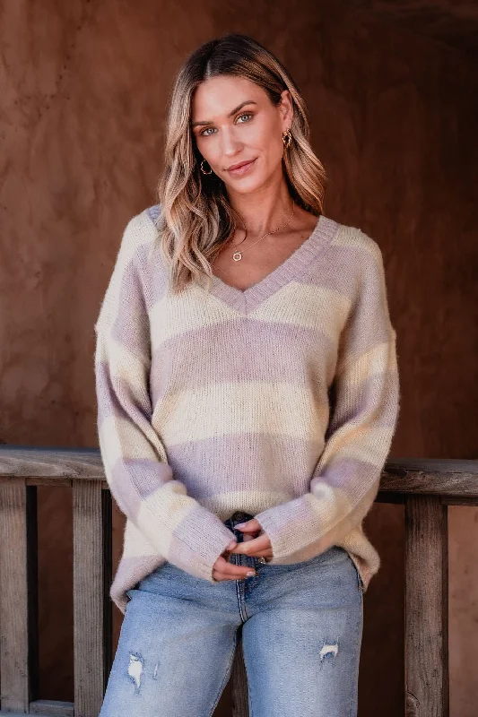 Exquisite Details Lavender Striped V Neck Sweater - FINAL SALE