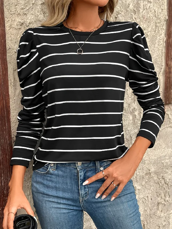 Must-have For Autumn And Winter Full Size Striped Round Neck Puff Sleeve T-Shirt