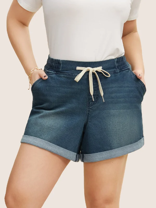 Luxury Fashion Dark Wash Roll Hem Drawstring Denim Shorts