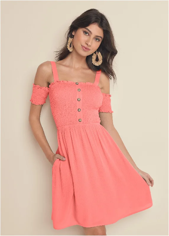 Sports And Leisure Smocked A-Line Mini Dress - Coral