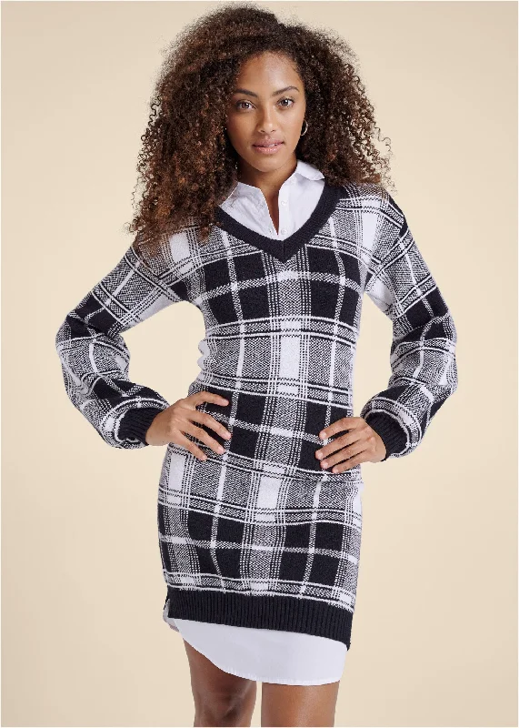 Retro Design Plaid Layered Sweater Dress - White & Black