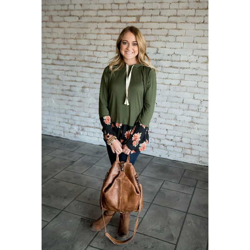 Classic Color Olive Floral Tipped Hoodie