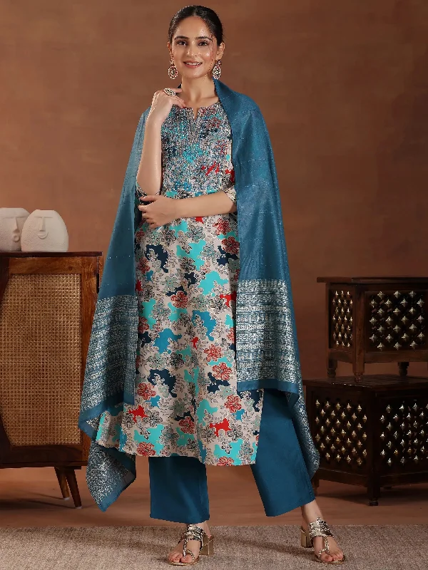 Simple Design Blue Printed Silk Blend Straight Suit With Dupatta