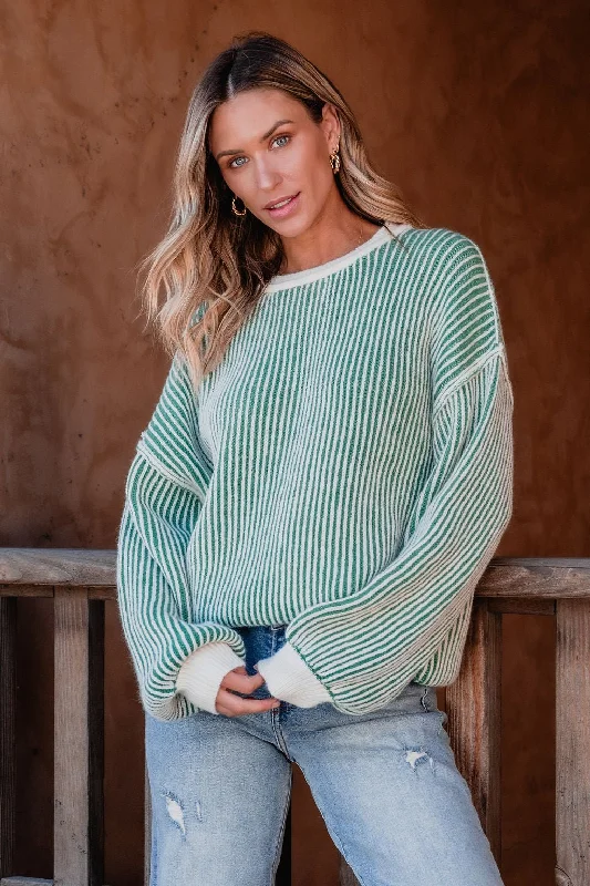 Youthful Style Green Striped Seam Detail Sweater - FINAL SALE