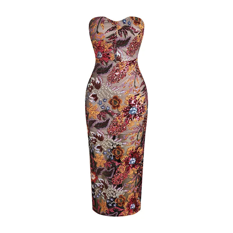 Trendy Items A&A Luxe Strapless Handmade Floral Sequin Maxi Gown Dress