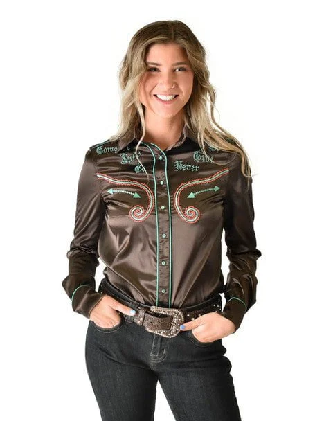 Elegant Outline Cowgirl Tuff Womens White Satin Western Brown Nylon L/S Shirt