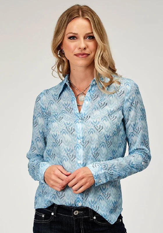 Perfect Tailoring Roper Womens 1978 Ikat Chevron Blue 100% Polyester L/S Shirt