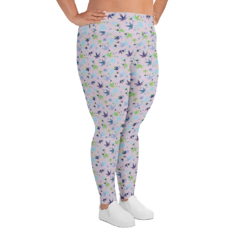 Exquisite Design Purple Flowers Weed Leaf Plus Size Leggings