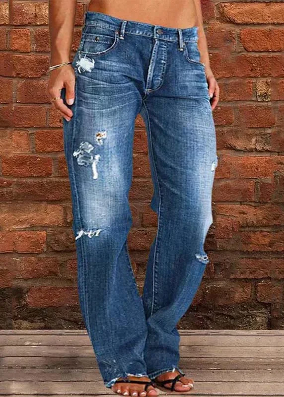Floral Prints Casual Navy Oversized Washed Denim Ripped Pants Summer