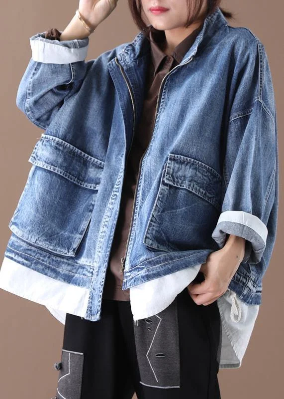 Retro Design Beautiful stand collar zippered Fine crane coats denim blue Art women coats Retro Design Beautiful stand collar zippered Fine crane coats denim blue Art women coats