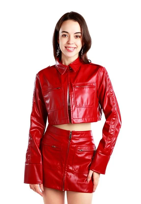 Must-have For Fashion Red or Cream Faux Leather Crop Jackets