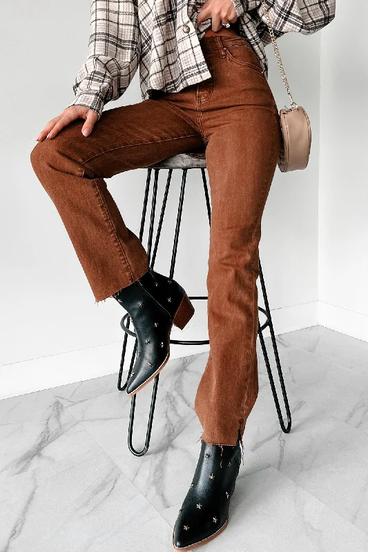Celebrity Style Nadine High Rise Raw Hem Straight Leg Risen Jeans (Espresso)