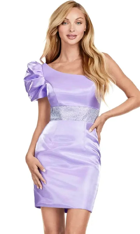 Simple Design Ashley Lauren 4647 - One Shoulder Puff Sleeve Short Dress
