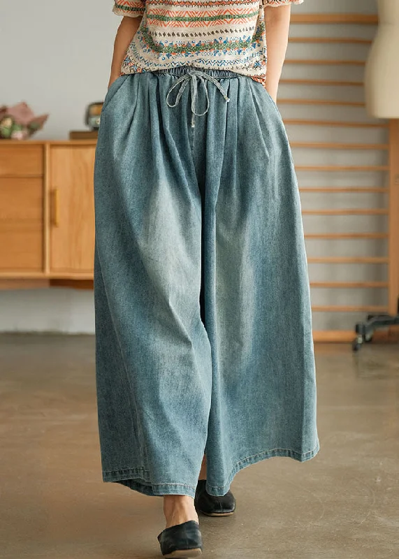 Fashion Pioneer Loose Blue Cinched Pockets denim wide leg pants Spring
