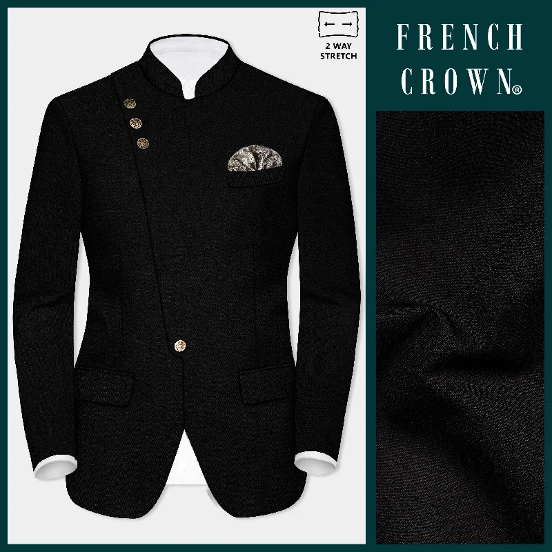 Youthful Style Jade Black Stretchable Wool Rich Cross Placket Bandhgala Designer Stretchable Traveler Blazer