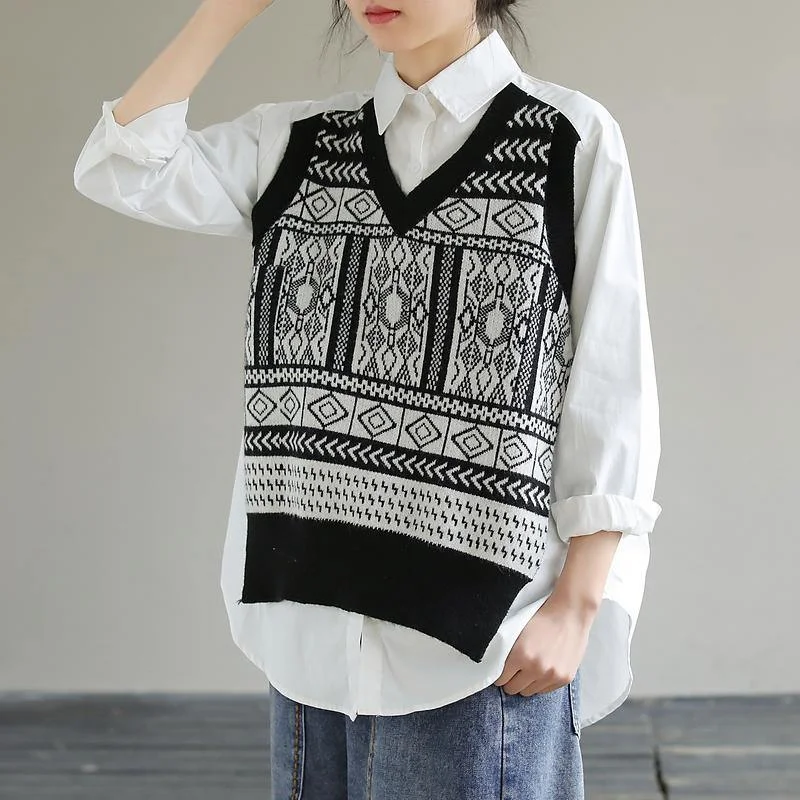 Editorial Design DIY White Clothes Lapel Patchwork Knit Fabric Knee Spring Top