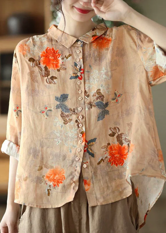 Leisure Sports Simple Orange Peter Pan Collar Print Button Cotton Blouse Tops Long Sleeve