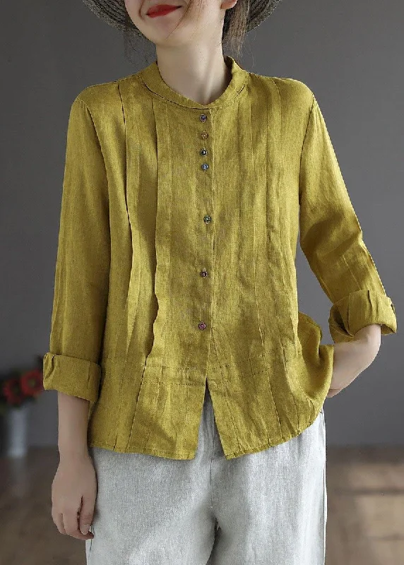 Sports Style Women Yellow Elegant Button Fall Top Long Sleeve Linen