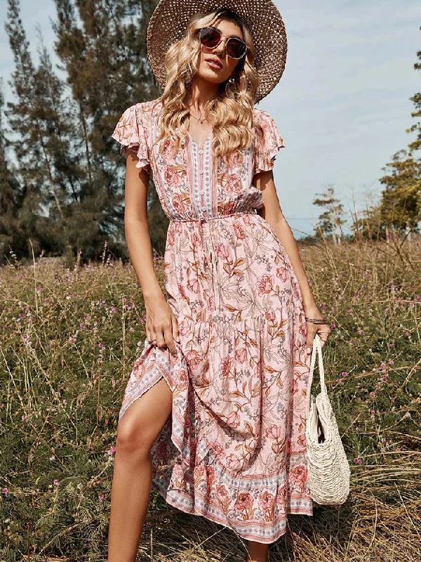 Floral Prints BerriesJam - Bohemia Floral Dress Casual V Neck High Waist Ruffle Dress