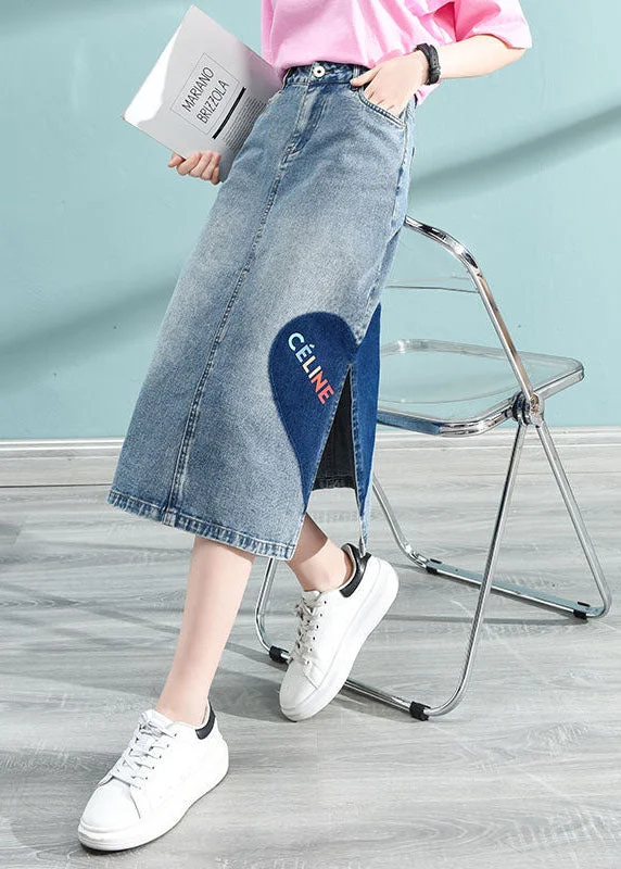 Fashionable Inner Wear Blue Love Printing Wrap Cotton Denim Skirt High Waist Pockets Summer Fashionable Inner Wear Blue Love Printing Wrap Cotton Denim Skirt High Waist Pockets Summer