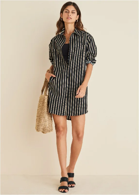 Lace Design Shirt Dress - Tan Black Stripe