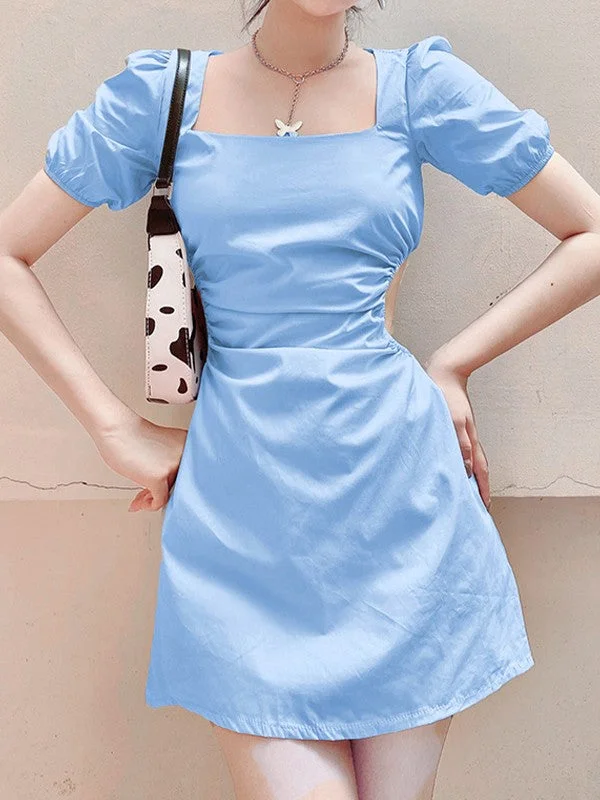 Fashion Touch Ruched Cutout Puff Sleeve Mini Dress