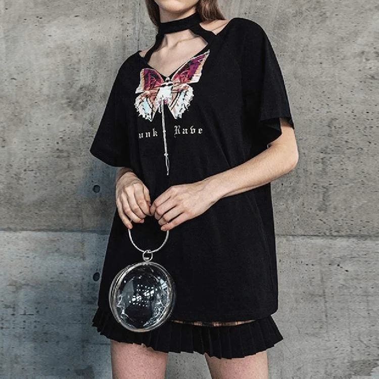 Quality Tailoring Women's Grunge Butterfly Printed Halter T-shirts