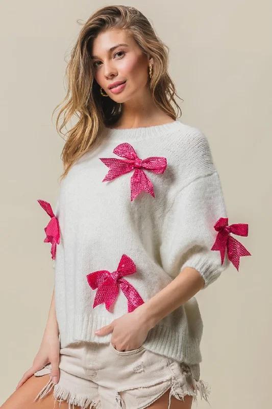 High-quality Design BiBi Sequin Bow Puff Sleeve Sweater