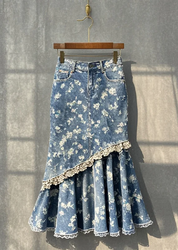 Lace Design Silm Fit Blue Print Patchwork Denim Wraped Skirt Fall